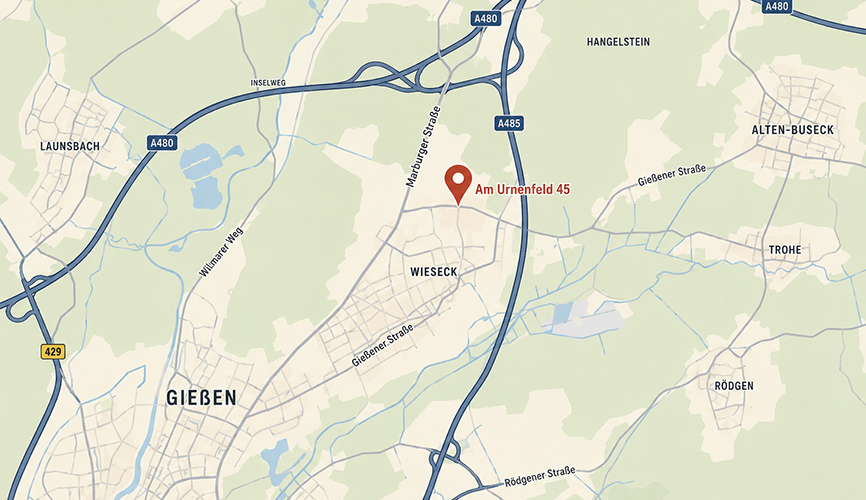 Anfahrtskarte zu LKW-REIN, Am Urnenfeld 45 in Gießen-Wieseck